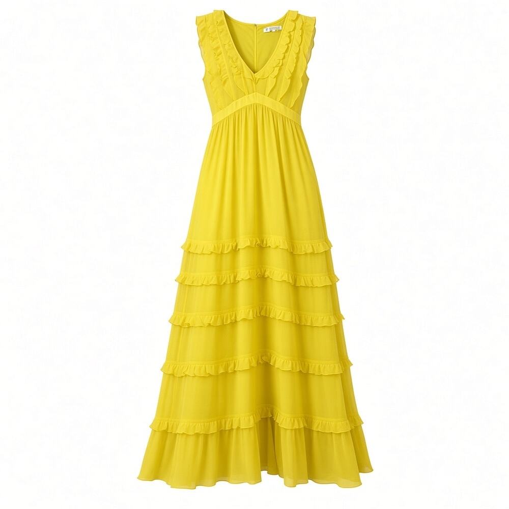 Badgley Mischka Size 8 Yellow Ruffled Maxi Dress Romantic Wedding Dress